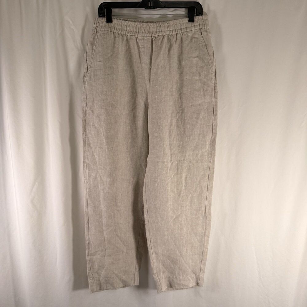 Chico's 100% Linen Pants Women's 1.5R 10 Beige Pull On Elastic Waist High Rise
